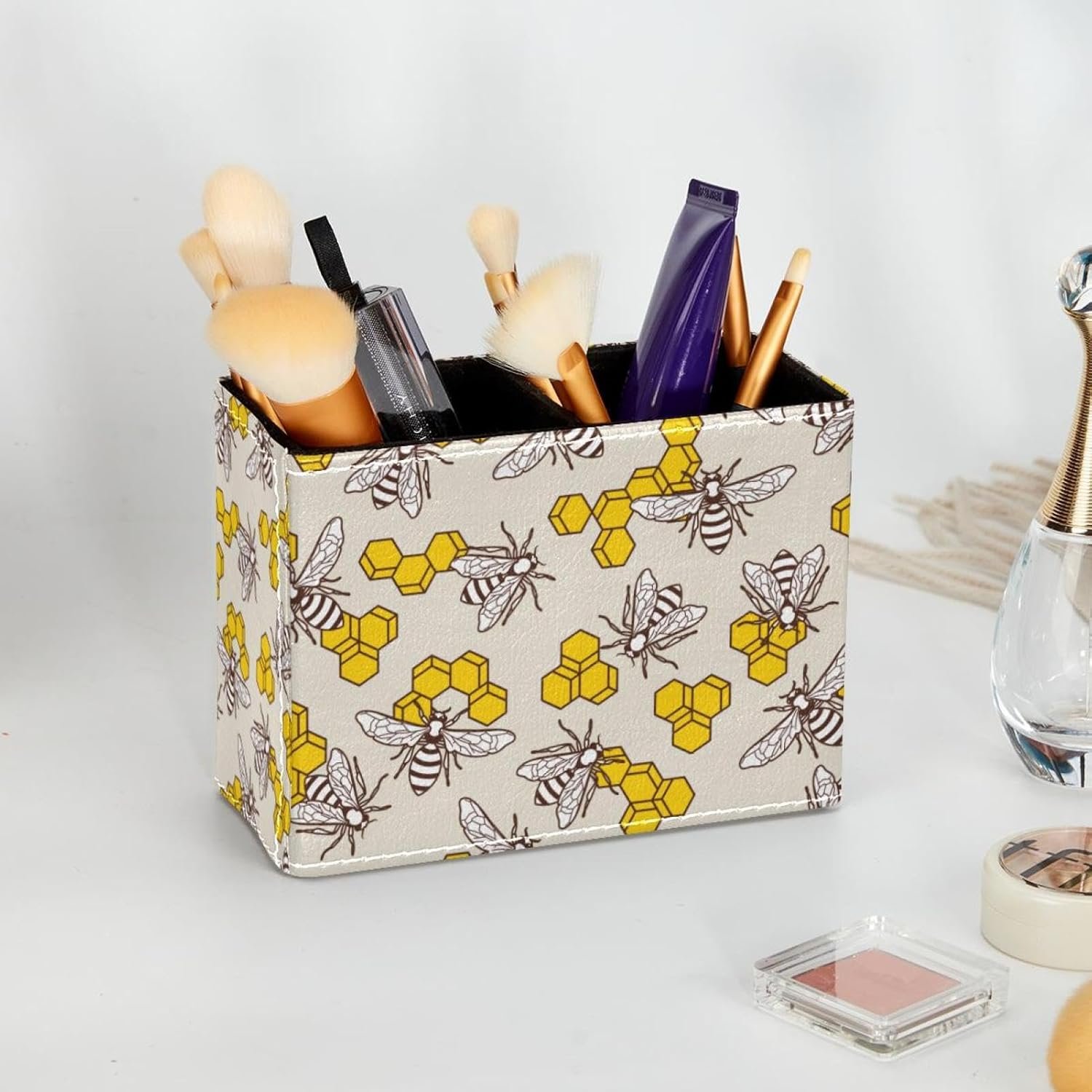 Bee Leather Pencil Holder: Multifunctional Desk Organizer Case for Office and Home, Aesthetic Rustic Retro Design Perfect for Teachers,Office Workers