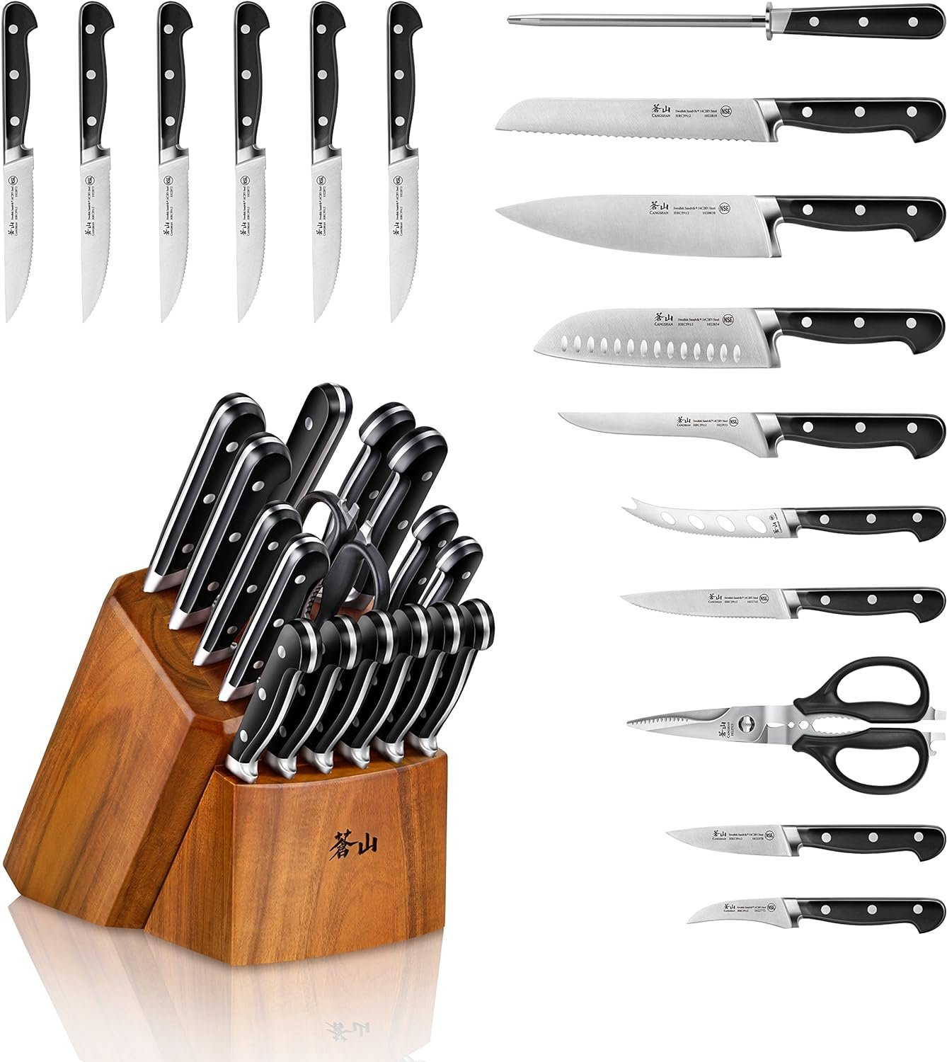 Cangshan TV2 Series 1023046 Swedish 14C28N Steel Forged 14-Piece DENALI Magnetic Knife Block Set, Acacia