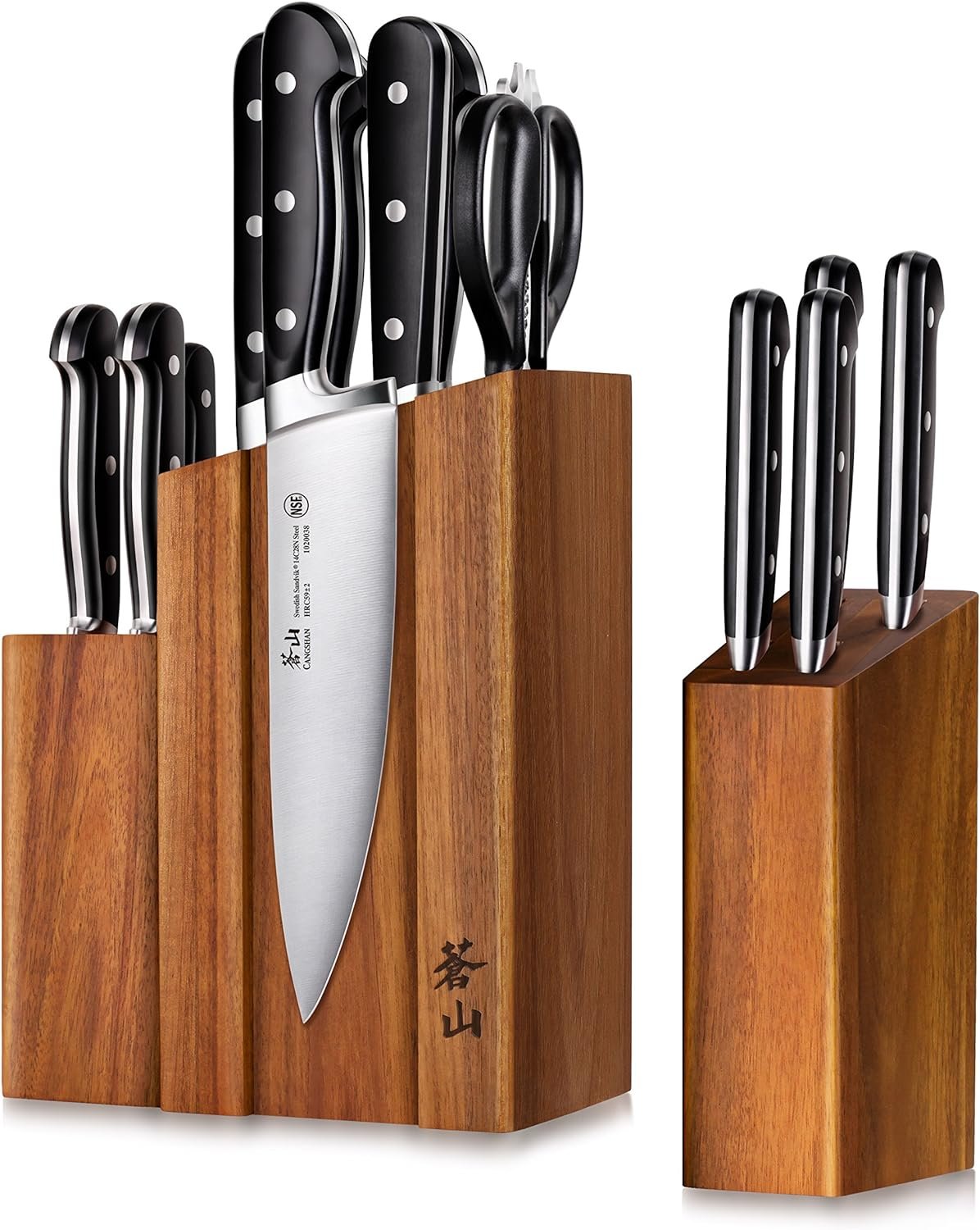 Cangshan TV2 Series 1023046 Swedish 14C28N Steel Forged 14-Piece DENALI Magnetic Knife Block Set, Acacia