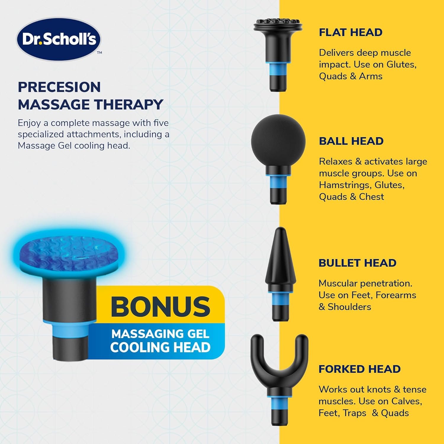 Dr. Scholls TriPower 3-in-1 Massage Gun, Lightweight Deep Tissue Massager, Cordless, Rechargeable, Versatile with Heated Technology and Gel Attachment