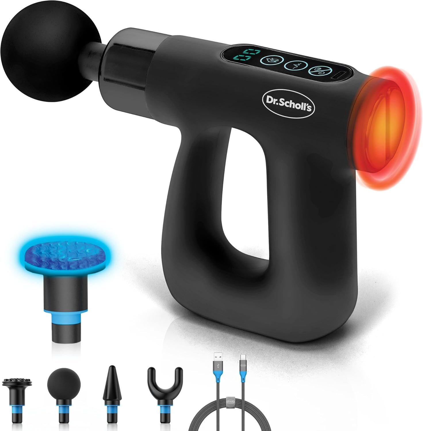 Dr. Scholls TriPower 3-in-1 Massage Gun, Lightweight Deep Tissue Massager, Cordless, Rechargeable, Versatile with Heated Technology and Gel Attachment