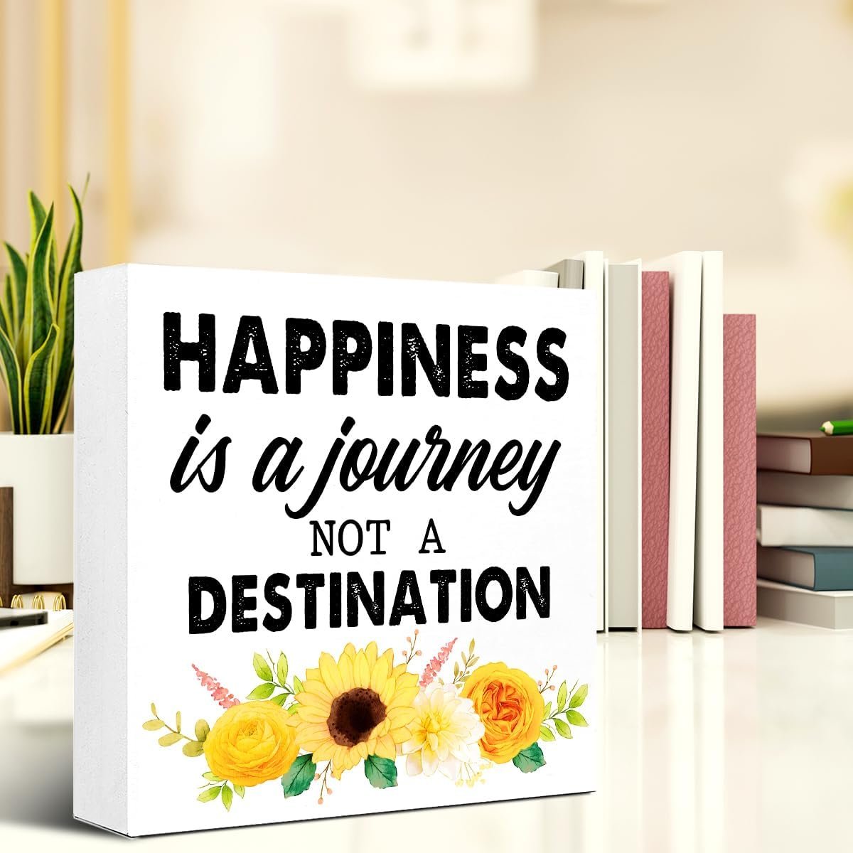 Inspirational Wood Block Signs,Happiness is a Journey Not a Destination Wooden Box Sign for Home Shelf Office Tabletop Desk Decor,Funny Motivational Office Sign Decor V520