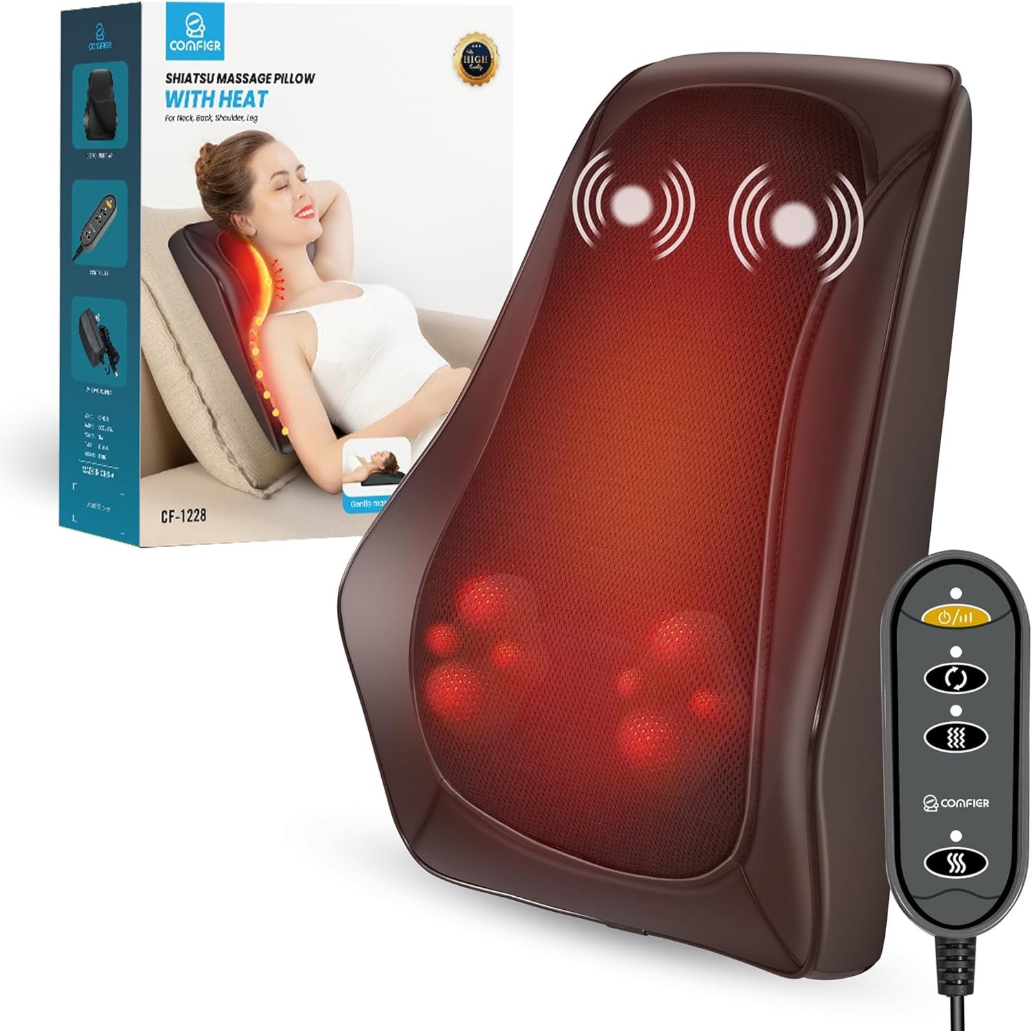 COMFIER Shiatsu Massager for Neck, Shoulders, and Back - Heat and 3D Kneading for Pain Relief - Massage Pillow Gift for Men and Women