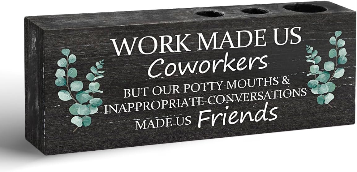 Work Made Us Coworkers Black Wooden Pen Pencil Holder with Leaf Pattern, Funny Office Gifts for Coworkers, Friends, and Colleagues, Unique Home Office Decor for Women Coworker