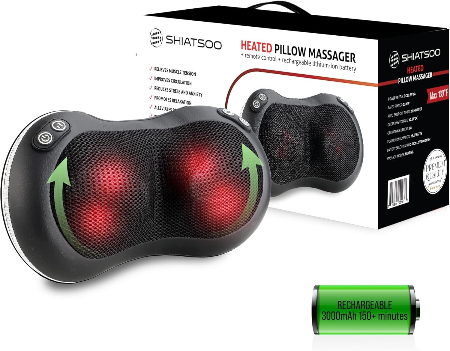 Neck Back  Lower Back Massager with Heat | Shiatsu Heated Pillow Massager | Pain Relief | Deep Tissue