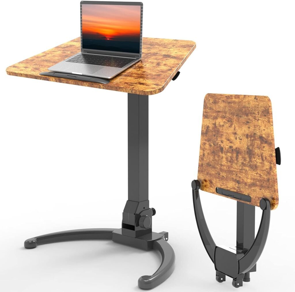 JOY worker Foldable Mobile Standing Desk, Pneumatic Height Adjustable Sit Stand Desk, 90° Tiltable Rolling Portable Laptop Desk with Wheels Non-Slip Mat for Home Office, Holds Up to 22lbs