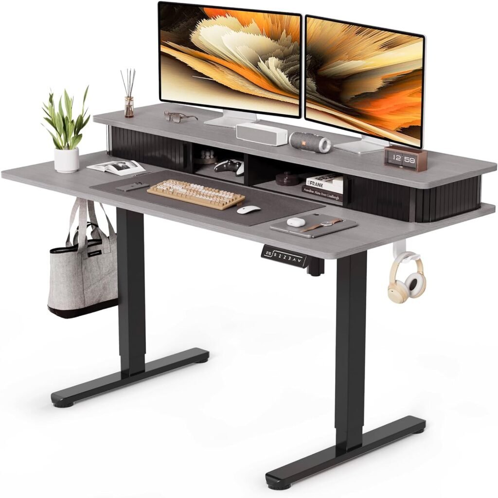 JOY worker Height Adjustable Electric Standing Desk with Storage Shelves, 48 Inch Table with Built-in Monitor Stand, Sit Stand Desk with 2 Hooks for Home Office, Grey Desktop  Black Frame