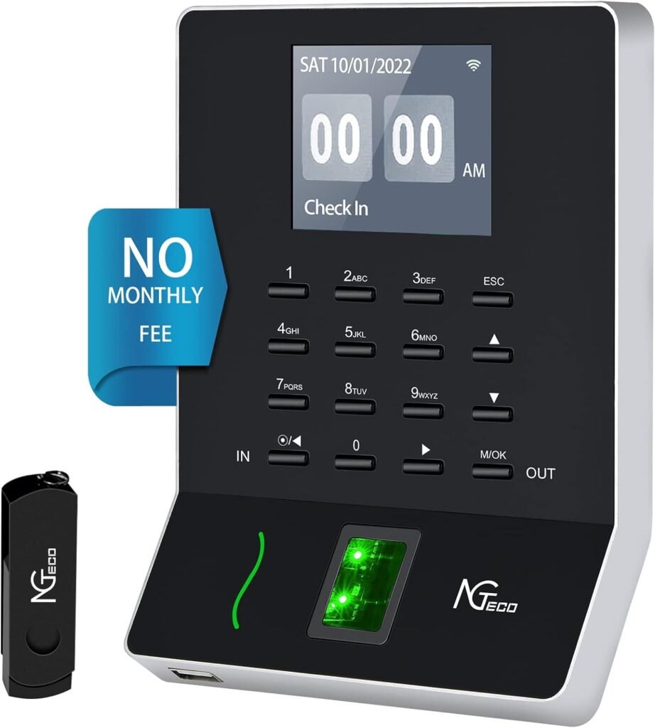 NGTeco Fingerprint Time Clock, W2 Biometric Employee Time Attendance Machine for Small Business and Office, Finger Scan, Automatic Punch, LAN WiFi, App for iOS/Android (0 Monthly Fee)