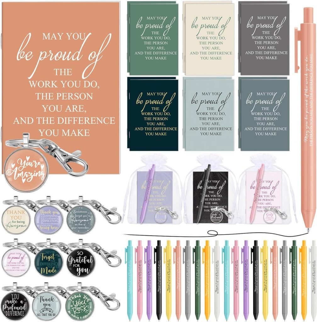 Chuangdi 20 Sets Thank You Gift Include Employee Appreciation Notebooks May You Be Proud Sign Retractable Ballpoint Pens Jewelry Keychains Organza Bag Journal Gift for School Teachers Office Coworkers