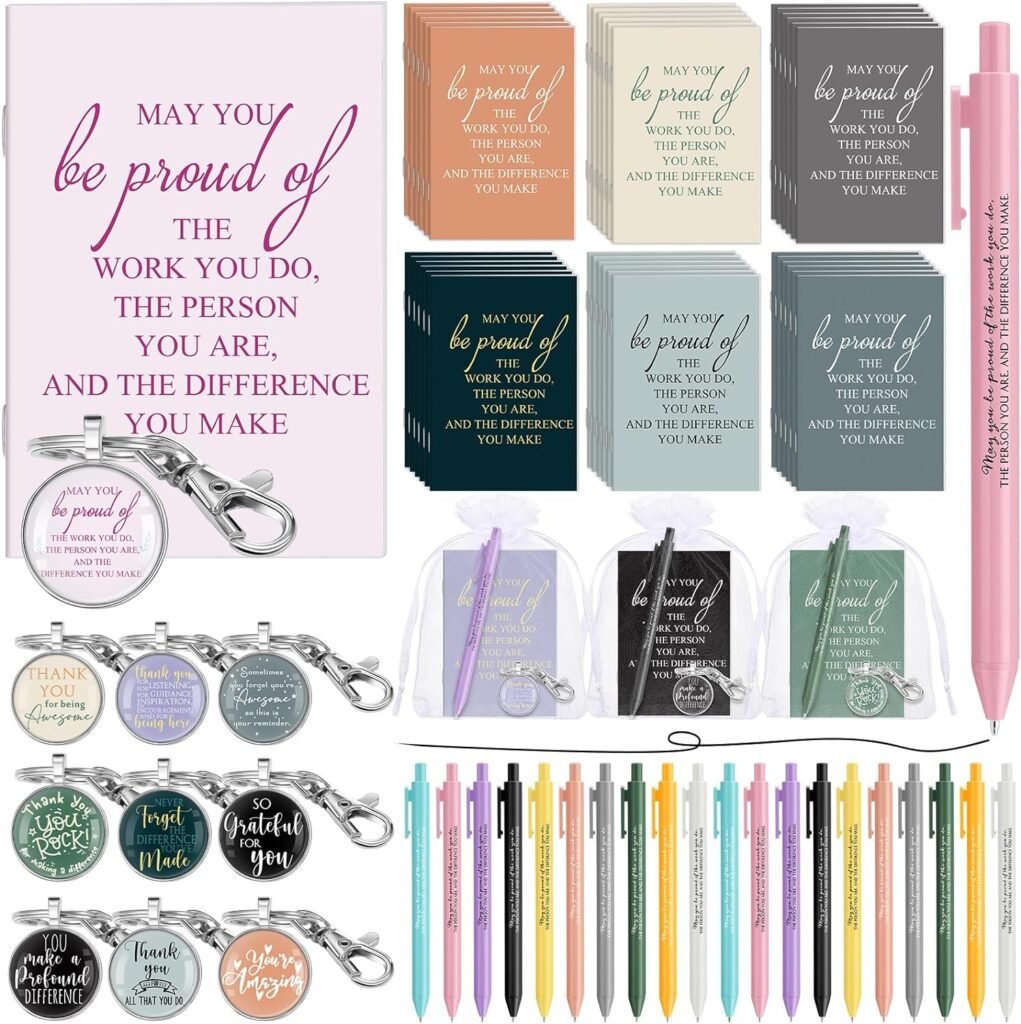 Chuangdi 20 Sets Thank You Gift Include Employee Appreciation Notebooks May You Be Proud Sign Retractable Ballpoint Pens Jewelry Keychains Organza Bag Journal Gift for School Teachers Office Coworkers