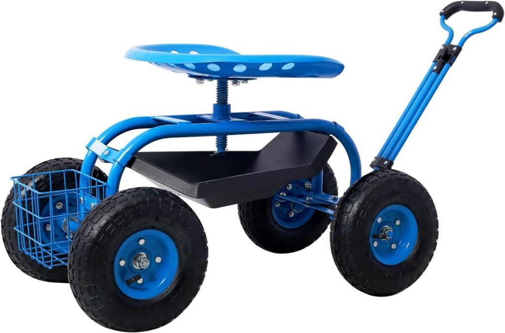 Garden Cart Rolling Work Seat with Wheels, Garden Cart Rolling Scooter, 360 Degree Swivel Seat with Wheels and Tool Tray (Blue)