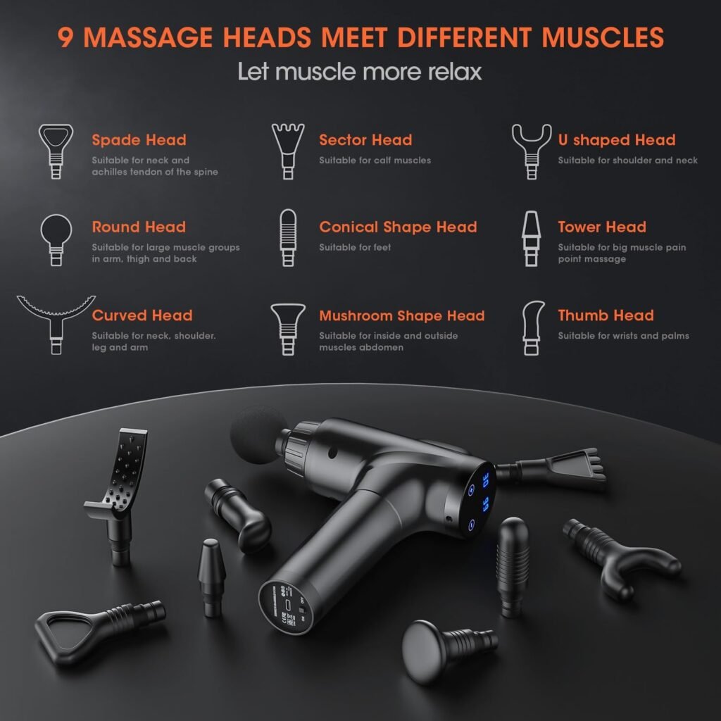 AYURA Massage Gun, Percussion Massager Gun with 30 Speed Levels  9 Massage Heads, Handheld Electric Muscle Massager for Any Pain Relief, Gifts for Families and Friends (Black)