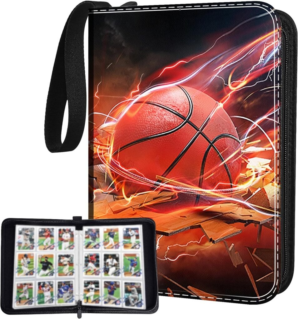 Basketball Card Binder,9-Pocket Book For 900 Cards,50 Removable Binders,Binder For Cards Comic Book Protector,Basketball Card Holder With Sleeves Basketball Card Book(Fire Basketball)