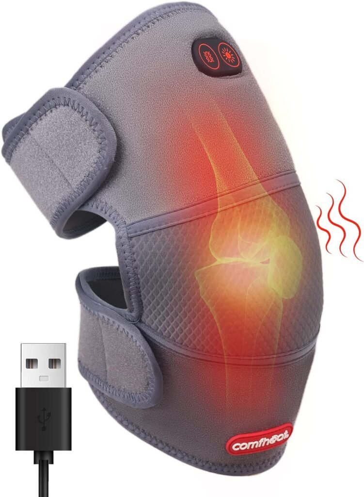 comfheat Heated Knee Brace Wrap with Massage Vibration USB Powered Knee Massager for Joint Arthritis Pain Relief Warm Compress Knee Heating Pad Adjustable Temperature Auto Off