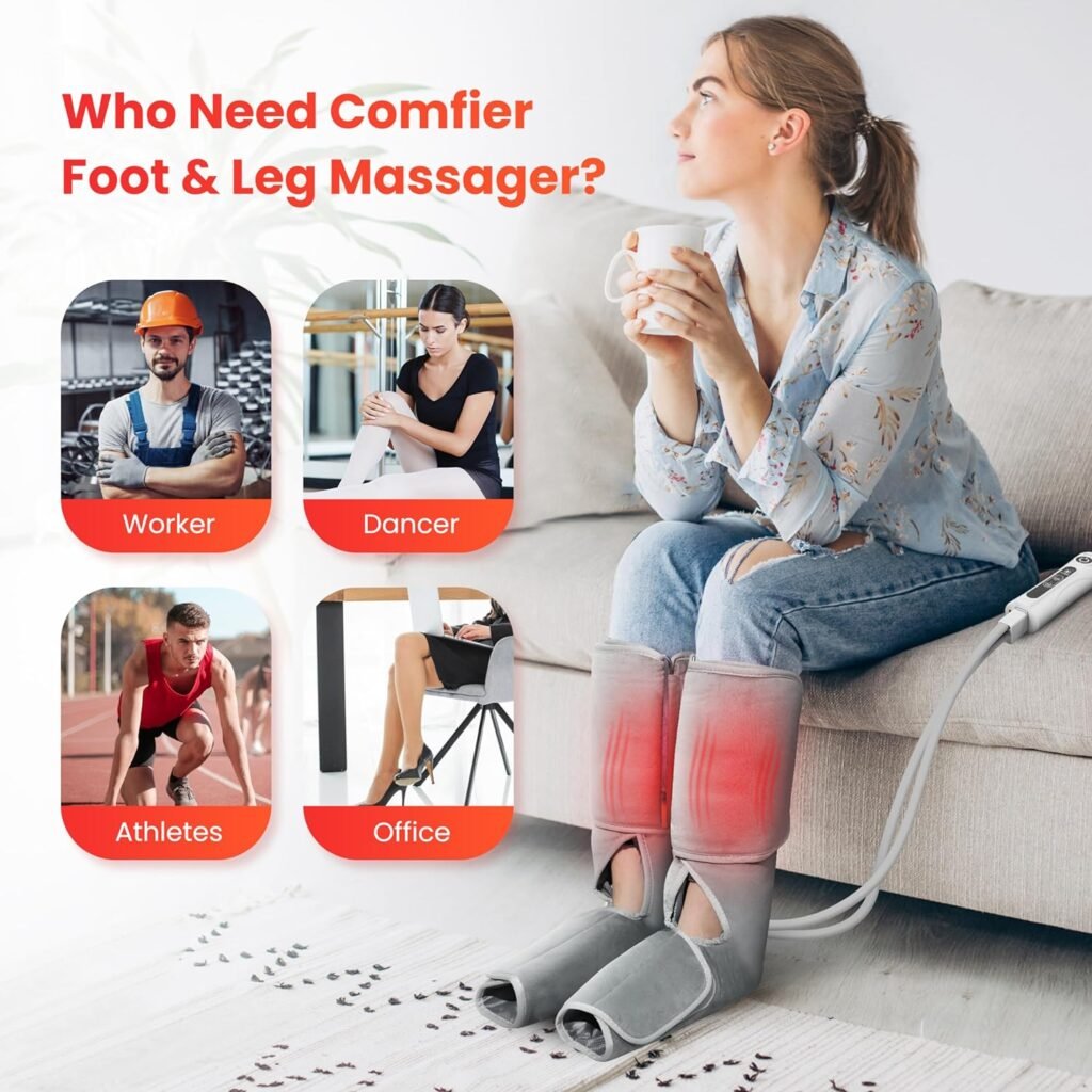 COMFIER Leg Massager for Circulation with Heat,Air Compression Calf Massager Pain Relief,FSA HSA Eligible,Foot Massager,Leg Wraps for Reduce Swelling,Muscle Fatigue,Adjustable Massage Boots,Gifts