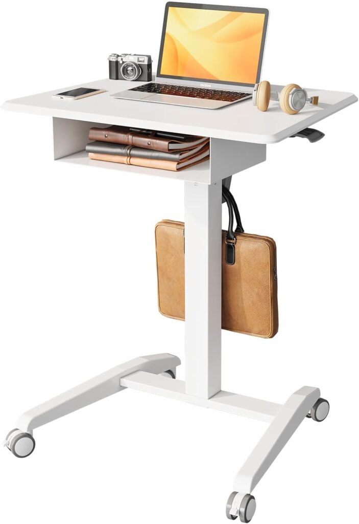 JOY worker Mobile Standing Desk with Storage Drawer, Pneumatic Height Adjustable Mobile Laptop Desk Workstation, White Rolling Standing Desk with Wheels for Home Office Classroom