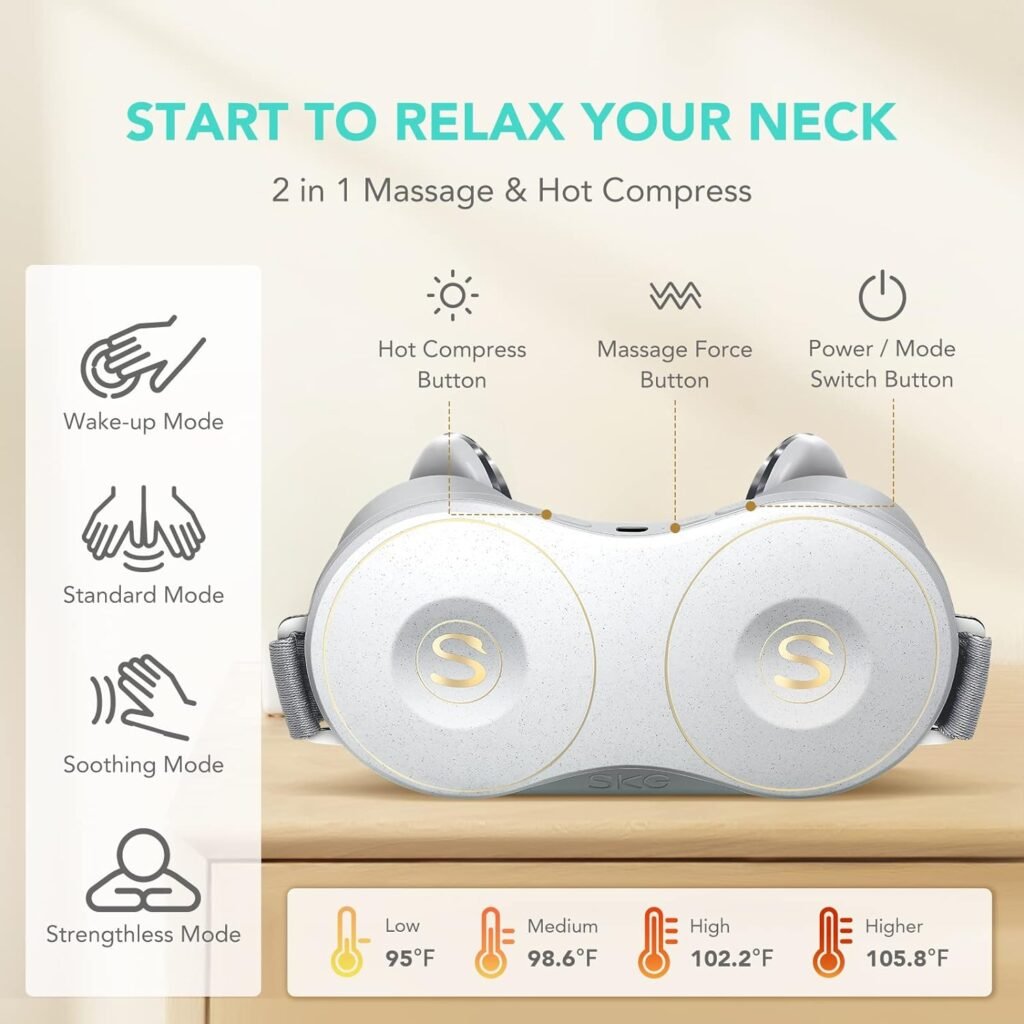 SKG Neck Massager, H7 Shiatsu Neck and Shoulder Massager with Heat for Pain Relief Deep Tissue, Electric Kneading Massager with 4 Heating Levels and Massage Modes to Relax at Home, Office,Car