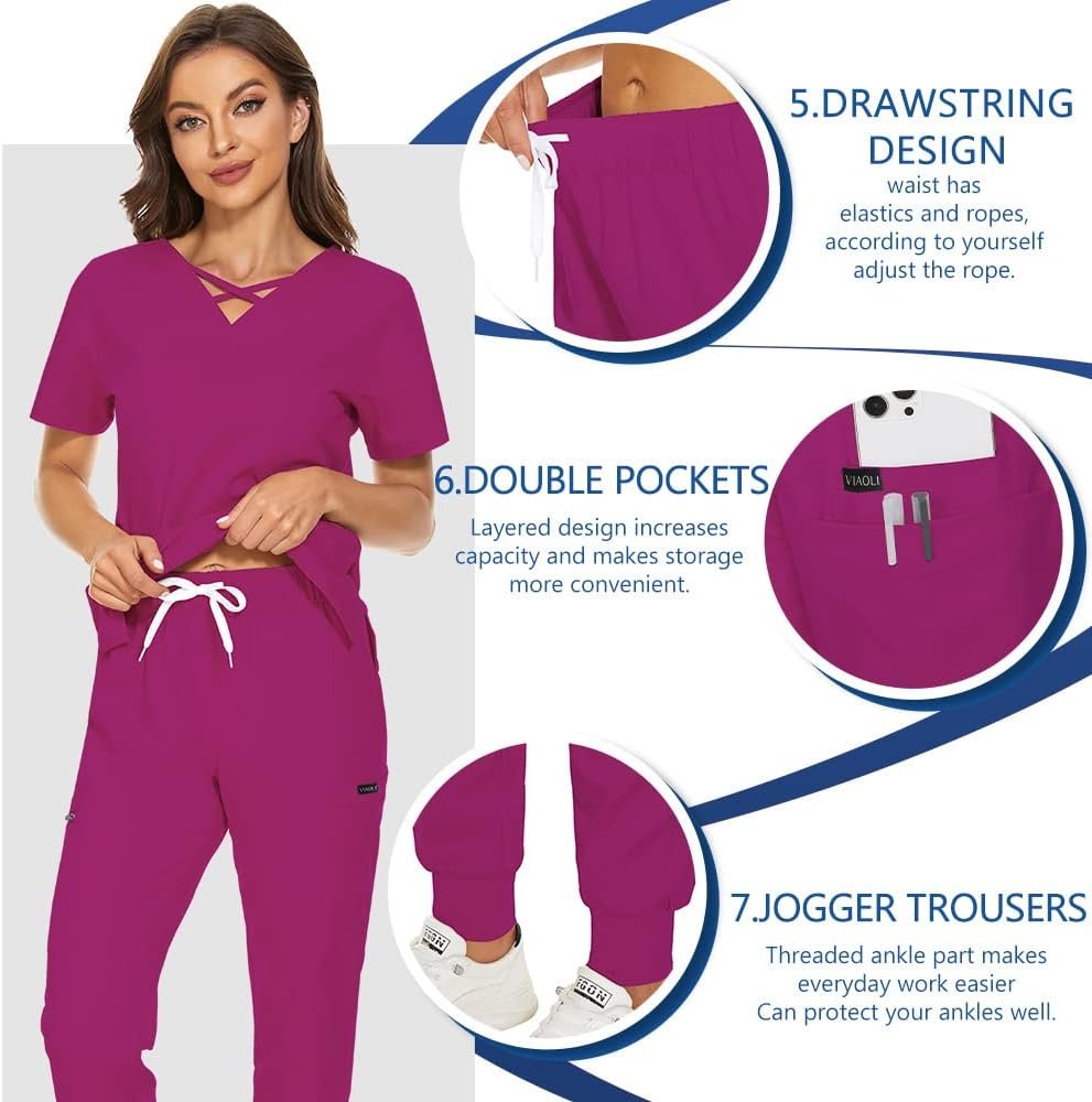 VIAOLI Scrubs for Women Set Modern V-Neck Top  8 Pocket Jogger Pants Athletic Nursing Uniform Solid Stretch Workwear