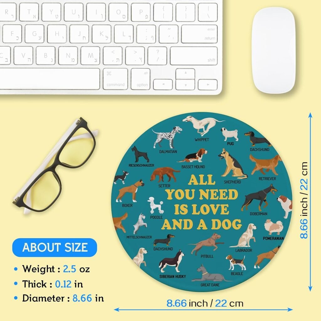 Dogs Mouse Pad with Stitched Edge Non-Slip Rubber Base, Round Mousepad for Laptop Gaming Supplies, Home Office Desk Accessories, Office Gifts for Pet Worker, Dog Lovers Gift Mouse Mat