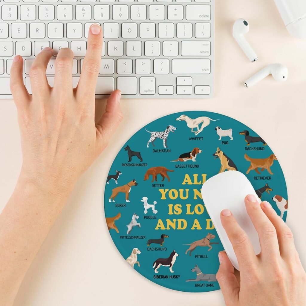 Dogs Mouse Pad with Stitched Edge Non-Slip Rubber Base, Round Mousepad for Laptop Gaming Supplies, Home Office Desk Accessories, Office Gifts for Pet Worker, Dog Lovers Gift Mouse Mat